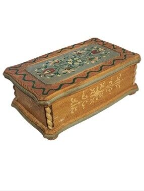 Vintage Reuge ? Footed Wooden Hand Painted Trinket Music Box w/ Swiss Movement
